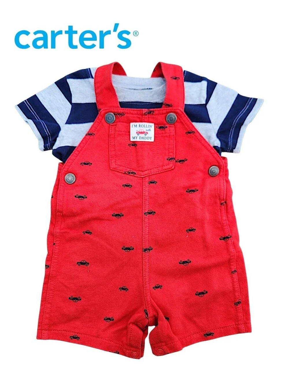 Carter's 2-Piece Baby Red Shortalls Striped & T-Shirt Size 12 Months 100% Cotton
